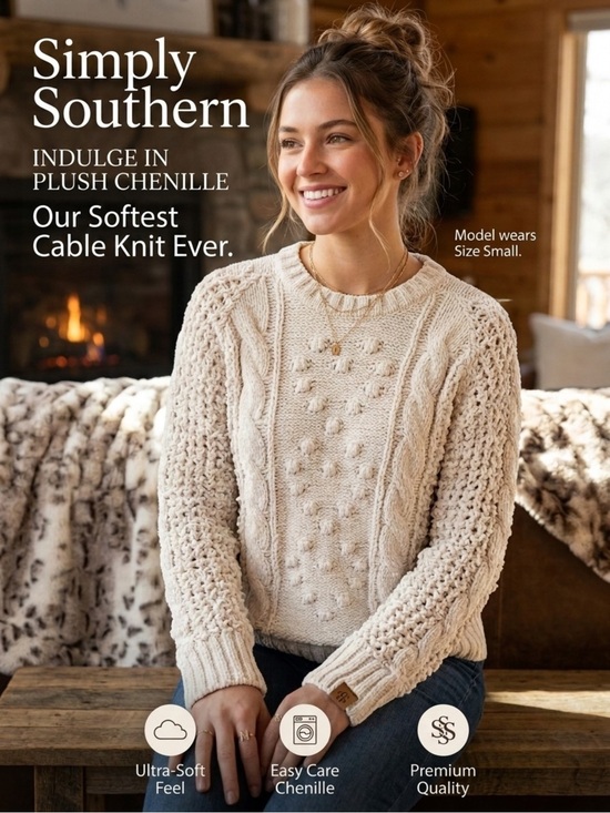 Simply Southern Sweaters - SIMPLY SOUTHERN Women's Cream Chenille Cable Knit Crewneck Sweater Small S Cozy